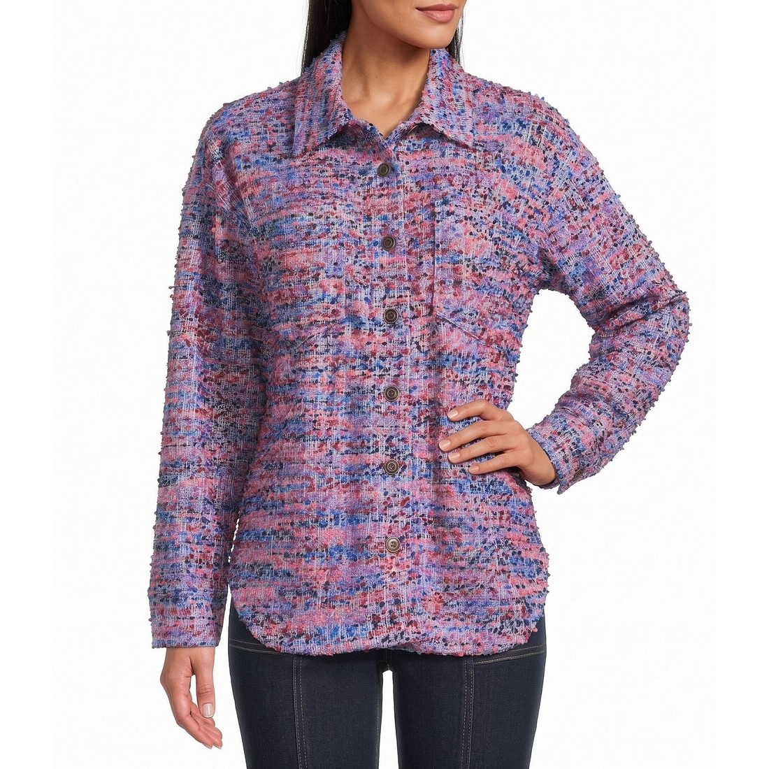Multiples Woven Tweed Multi Print Point Collar Long Sleeve Button Front Shirt