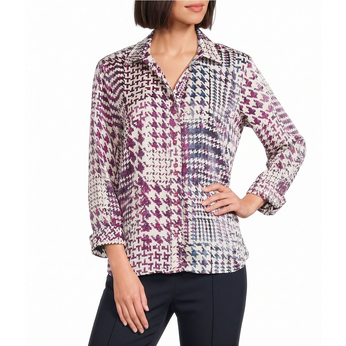 Multiples Woven Shimmer Printed Collared Y-Neck 34 Sleeve Button Front Shirt