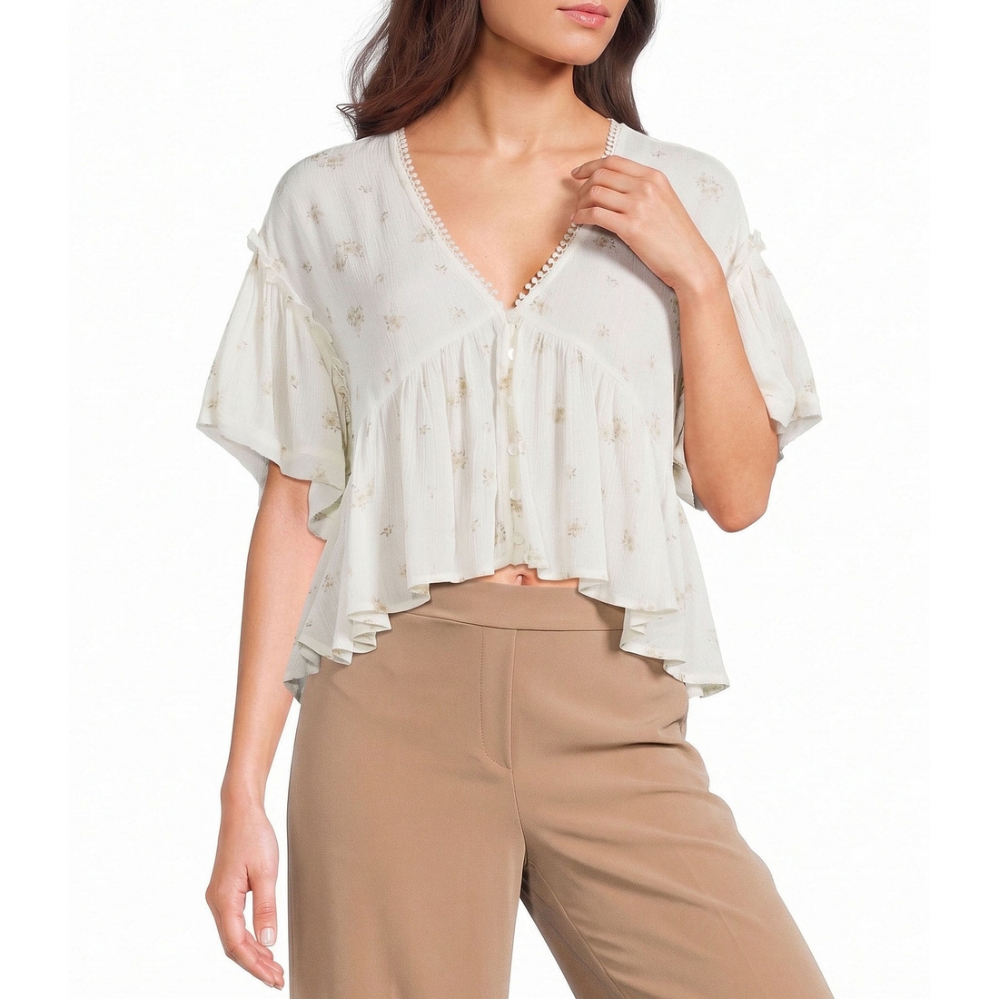 Evolutionary Floral Printed Deep V-Neck Top