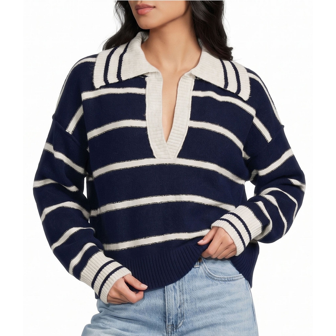 Evolutionary Striped Collard V-Neck Long Sleeve Sweater
