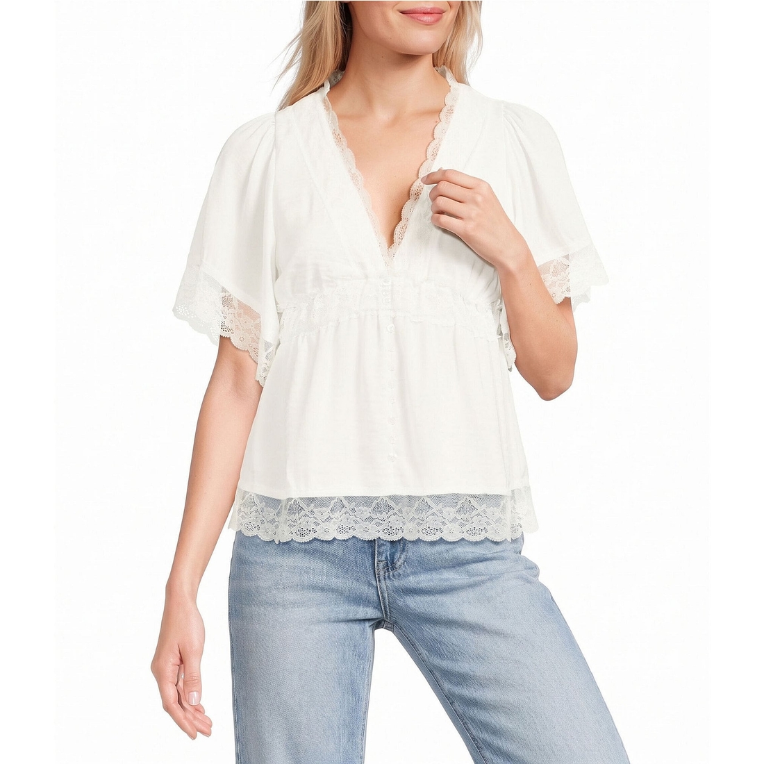 Evolutionary Deep V-Neck Lace Trim Short Sleeve Top