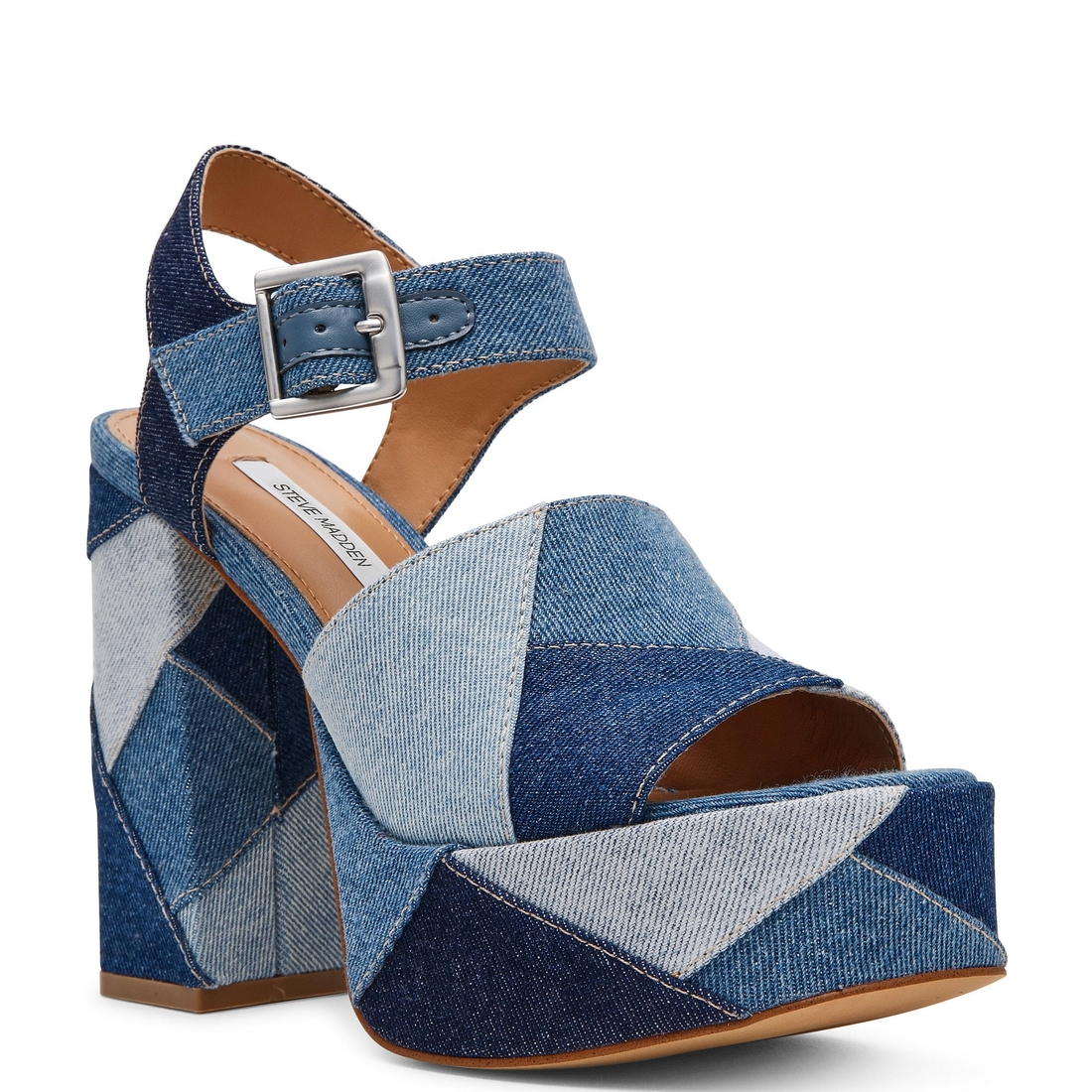 Steve Madden Halea Denim Patchwork Block Heel Platform Sandals