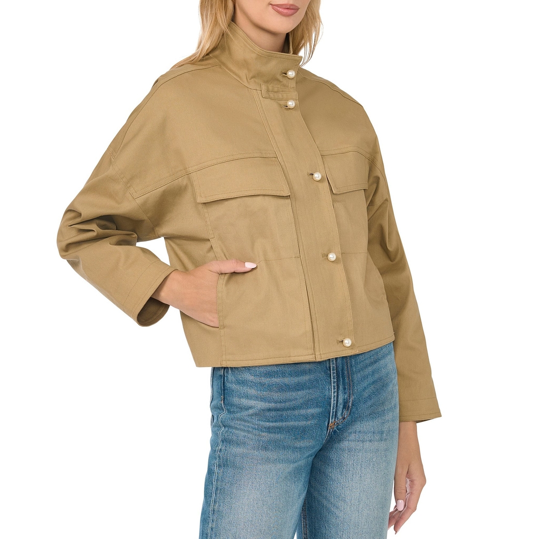 Cece Long Sleeve Cargo Pearl Button Zip-Up Jacket