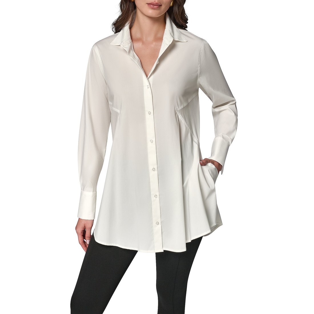 Donna Karan Woven Button Front Collared Long Sleeve High-Low A-line Tunic