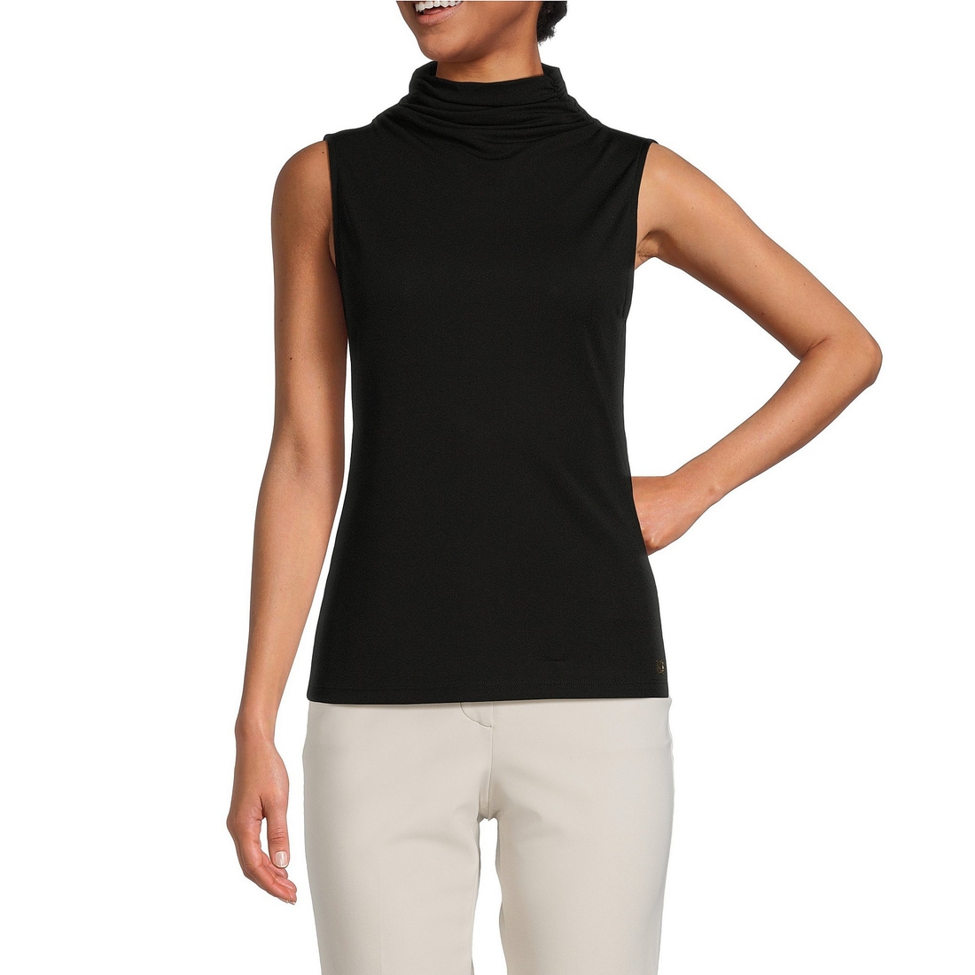 Donna Karan Stretch Draped Mock Neckline Sleeveless Top
