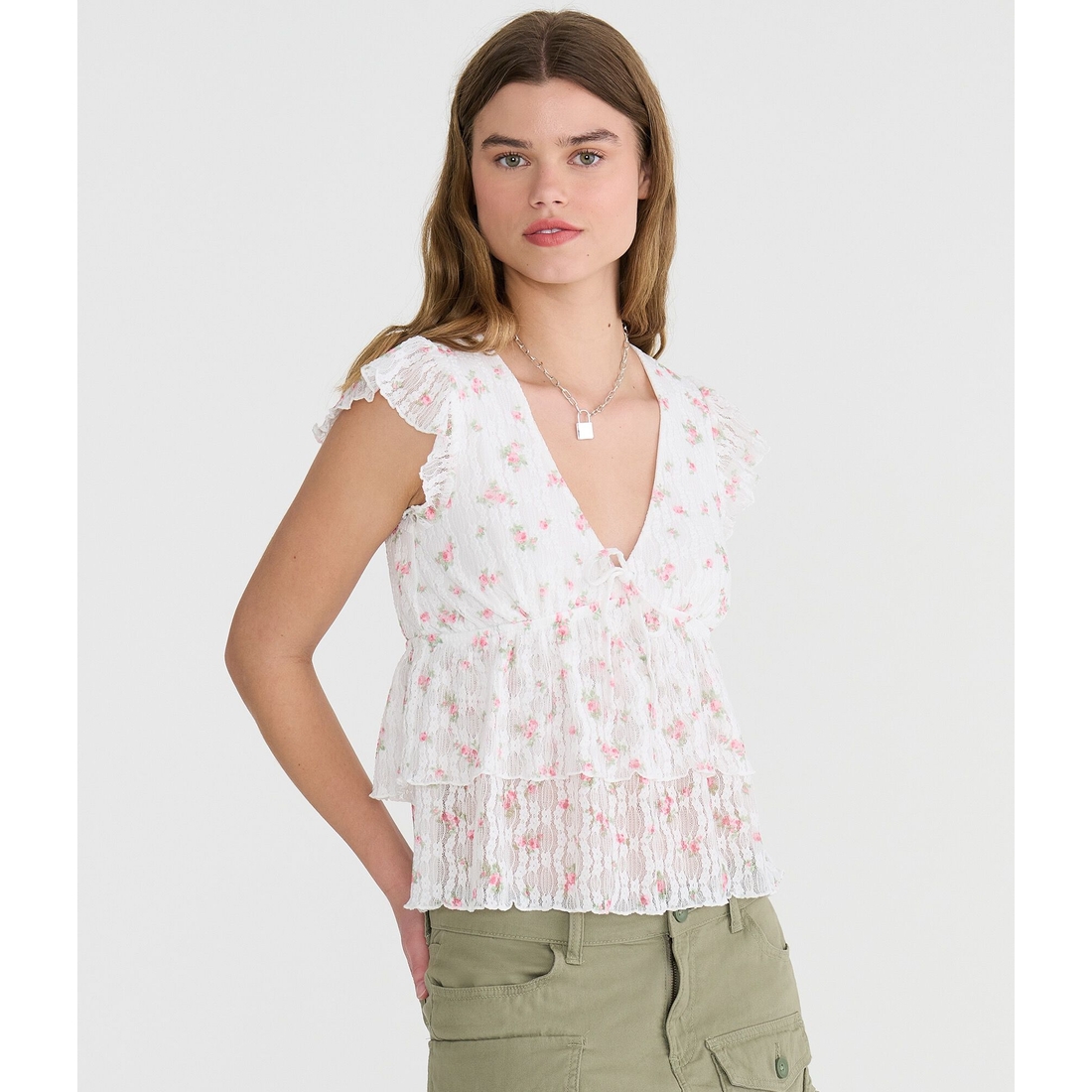 Aéropostale Floral Lace Flutter Sleeve V-Neck Top available now at