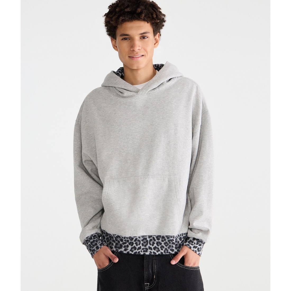 Aeropostale Cloud Soft Leopard Print-Trim Pullover Hoodie