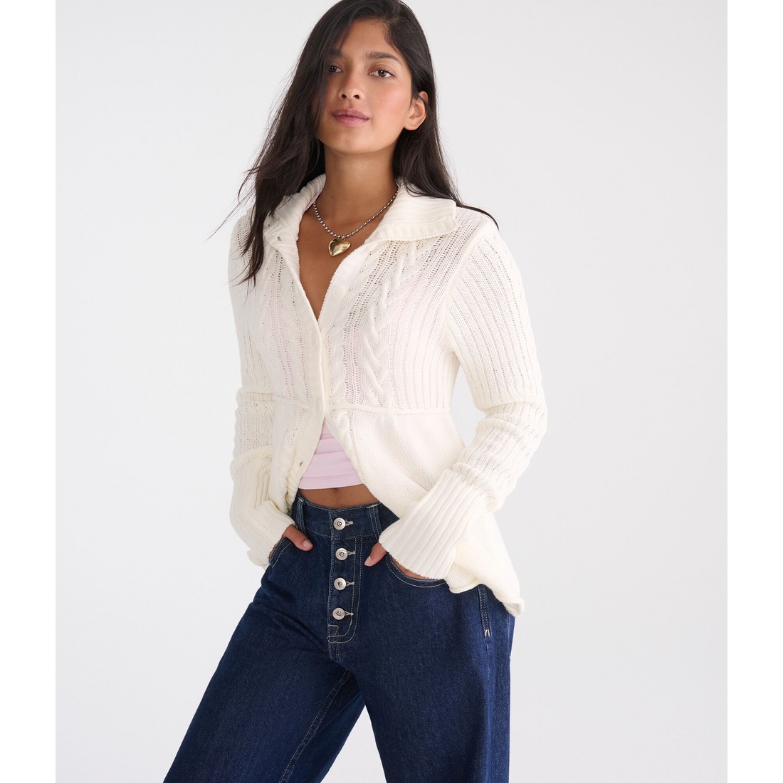 Aeropostale Dejà For Cable Button-Front Mock-Neck Sweater
