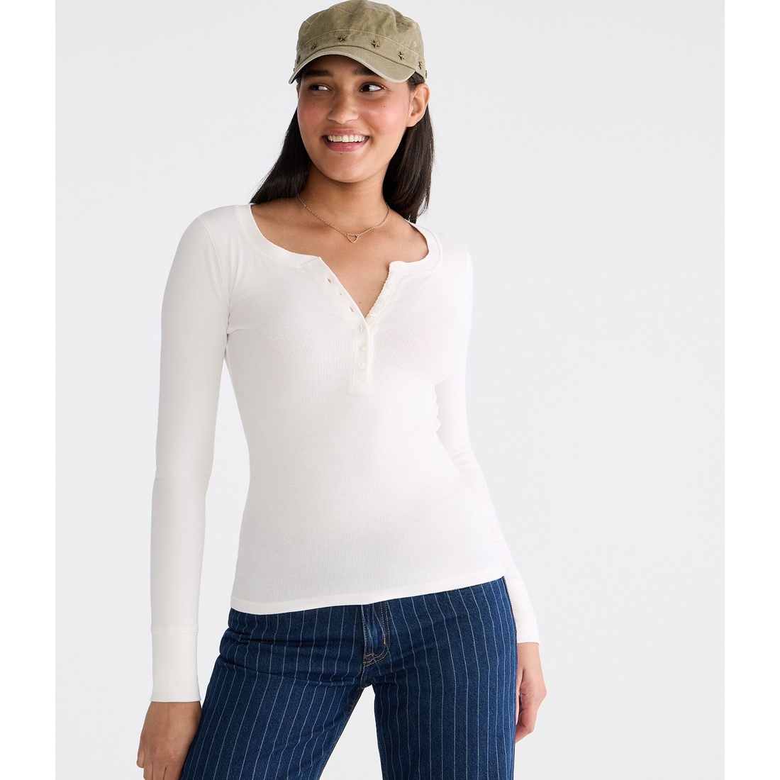 Aeropostale Long Sleeve Solid Ribbed Henley