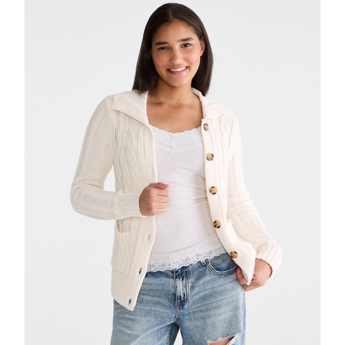 Aeropostale Cable Collar Button-Front Cardigan