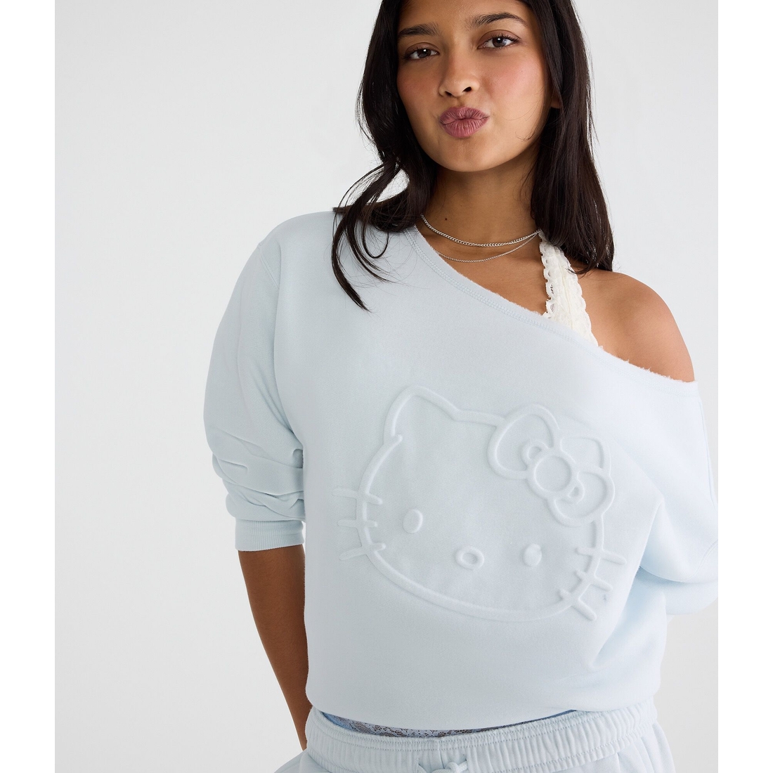 Aeropostale Hello Kitty Embossed Face Oversized Off-The-Shoulder Sweatshirt