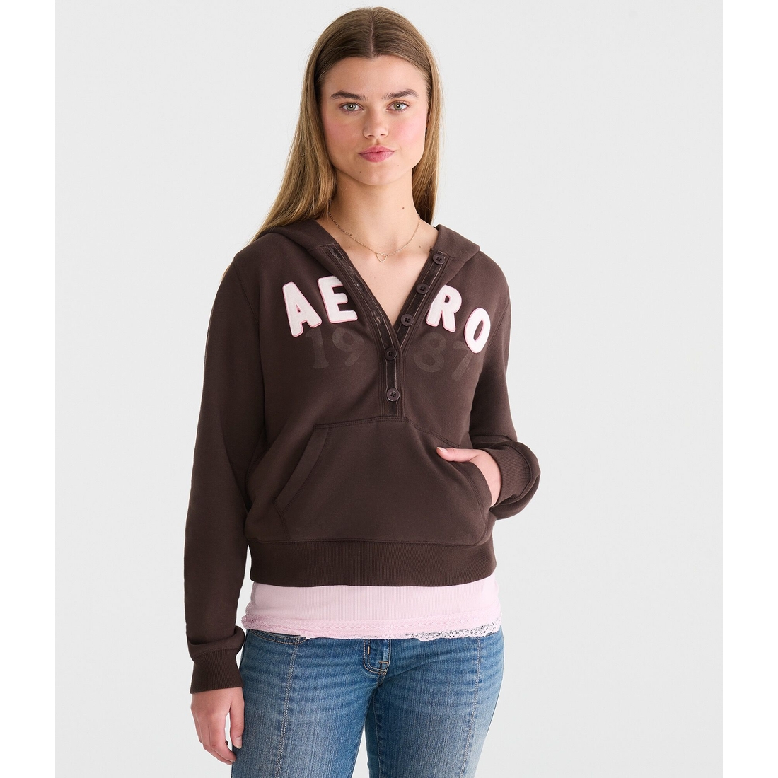 Aeropostale Logo Buttoned Pullover Hoodie
