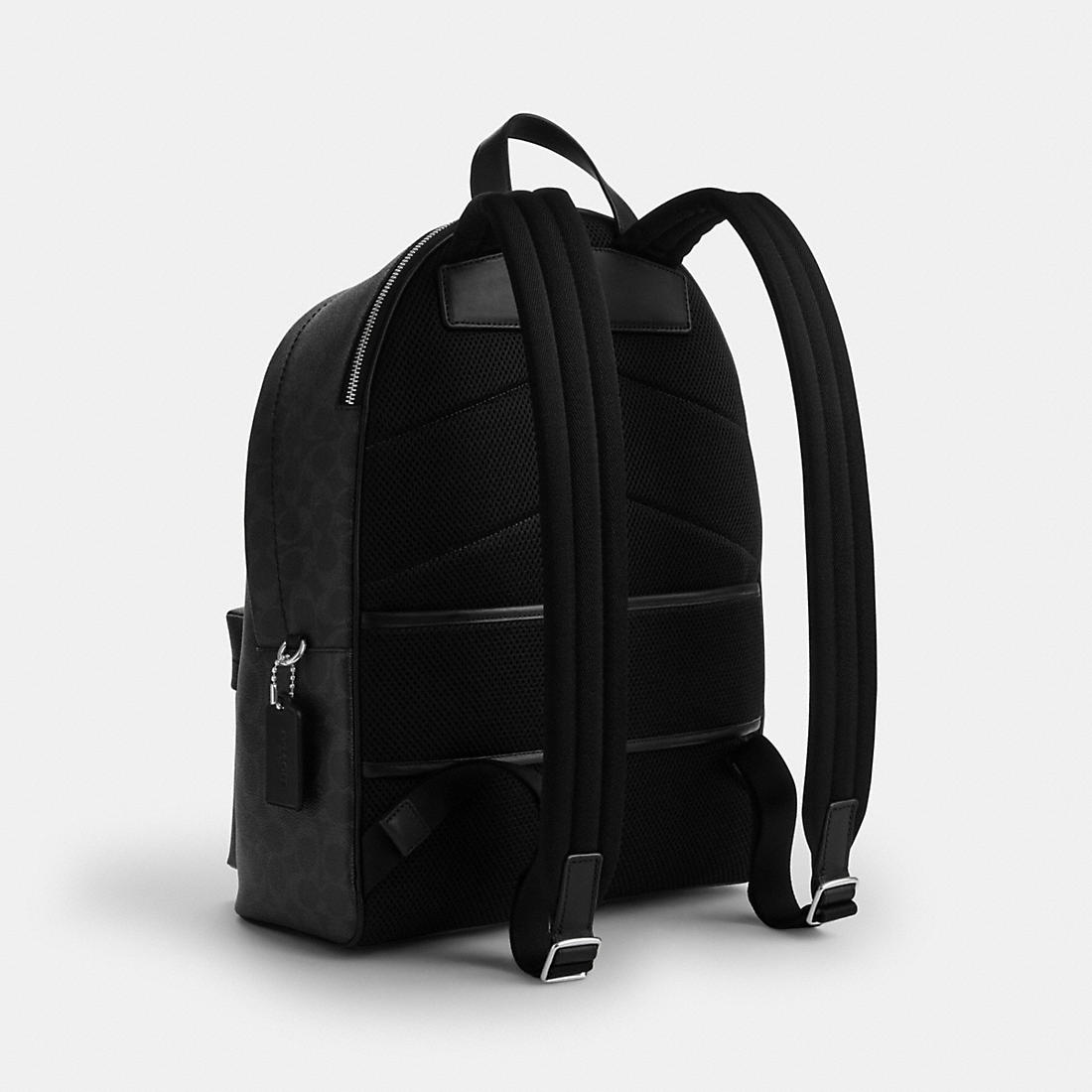 coach addison backpack medium / black Nylon & Leather Crossgrain leather Inside zip cell phone and multifunction pockets Inside laptop sleeve Zip closure recycled polyester lining Top handle with 3 drop Outside zip pocket Luggage sleeve Adjustable shoulder straps 11 3/4 (L) x 15 3/4 (H) x 4 3/4 (W) Style No. Aiden Backpack | Bags |