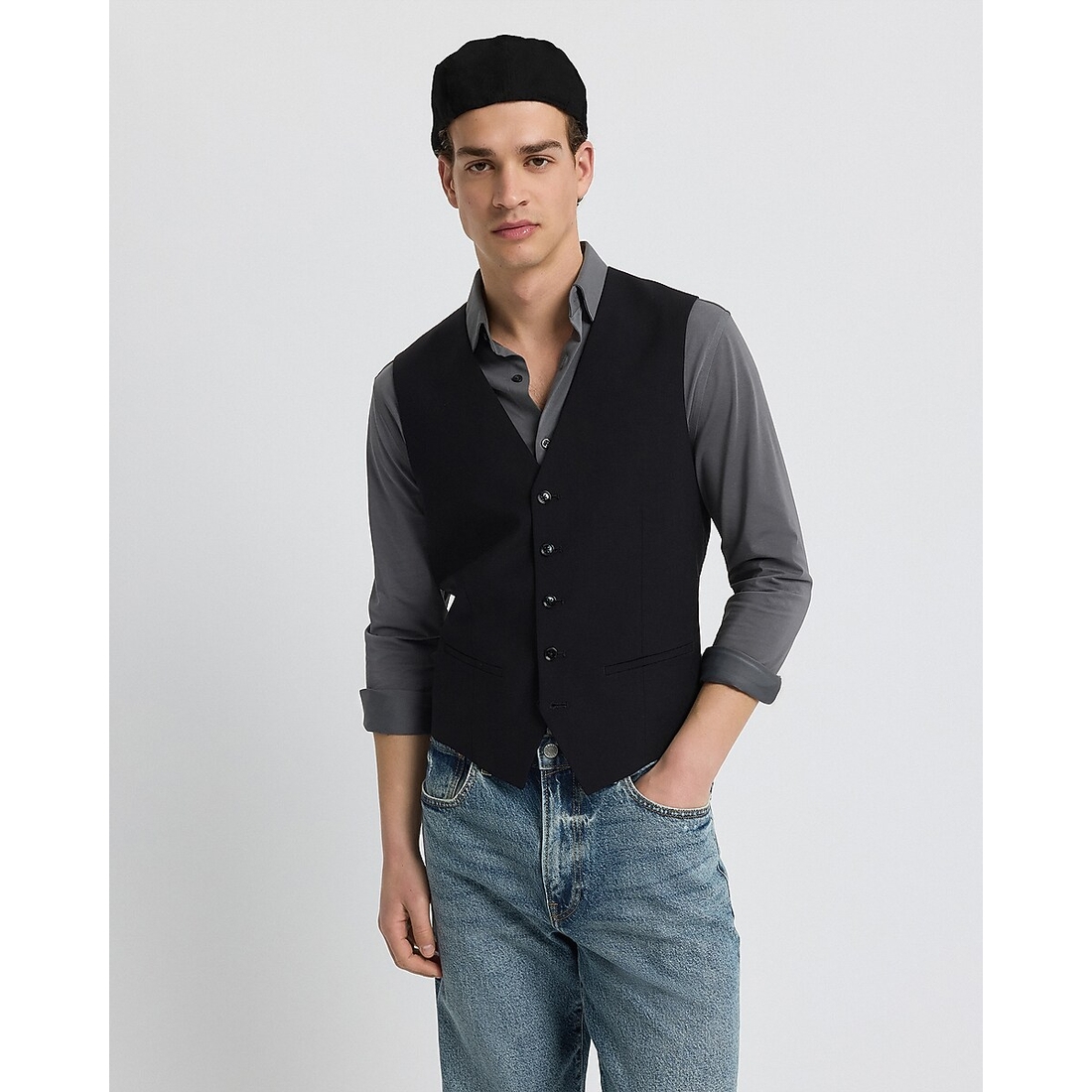 Express Slim Black Wool-Blend Washable Modern Tech Suit Vest