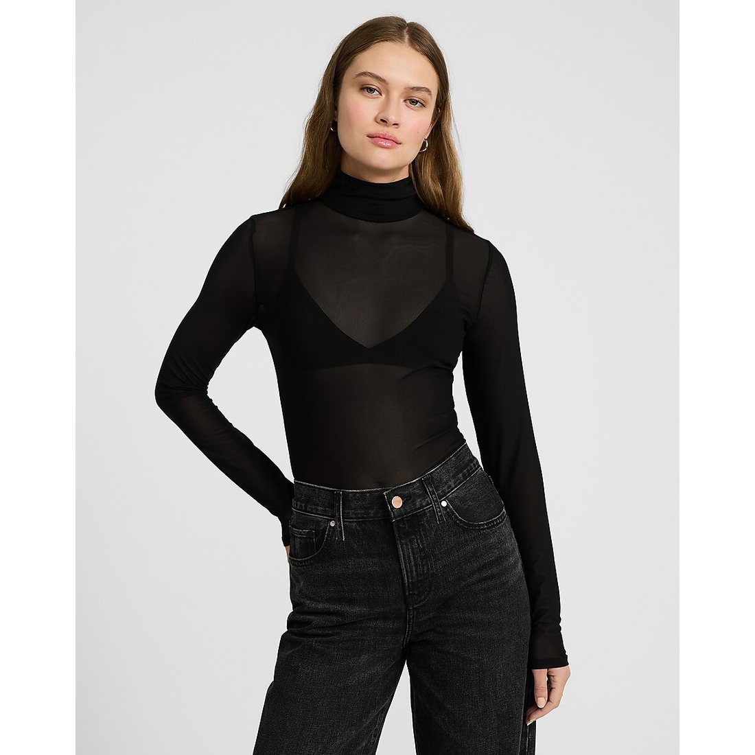 Express Fitted Mesh Mock Neck Long Sleeve Bodysuit