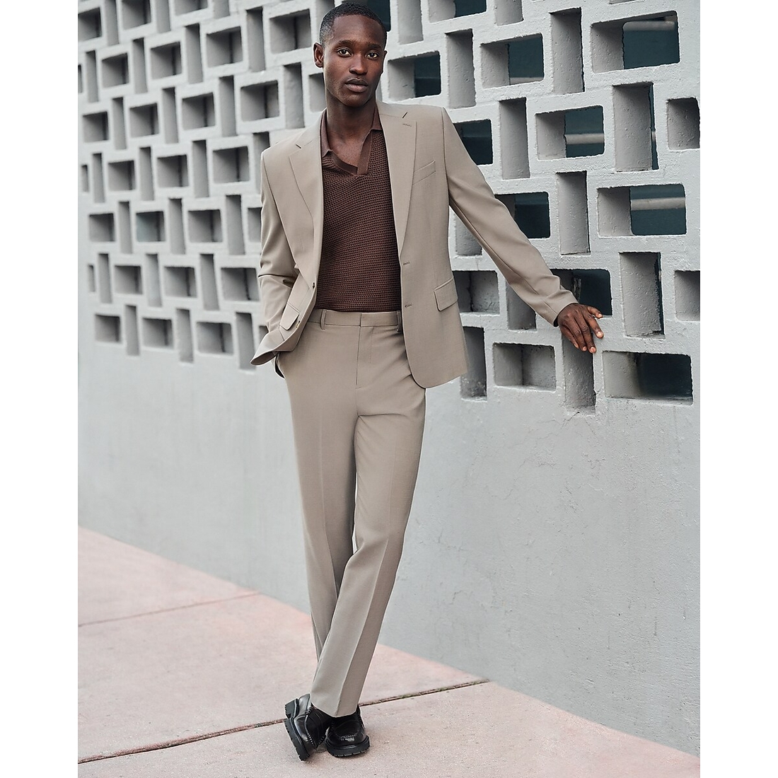Express Slim Taupe Wool-Blend Washable Modern Tech Suit Pant