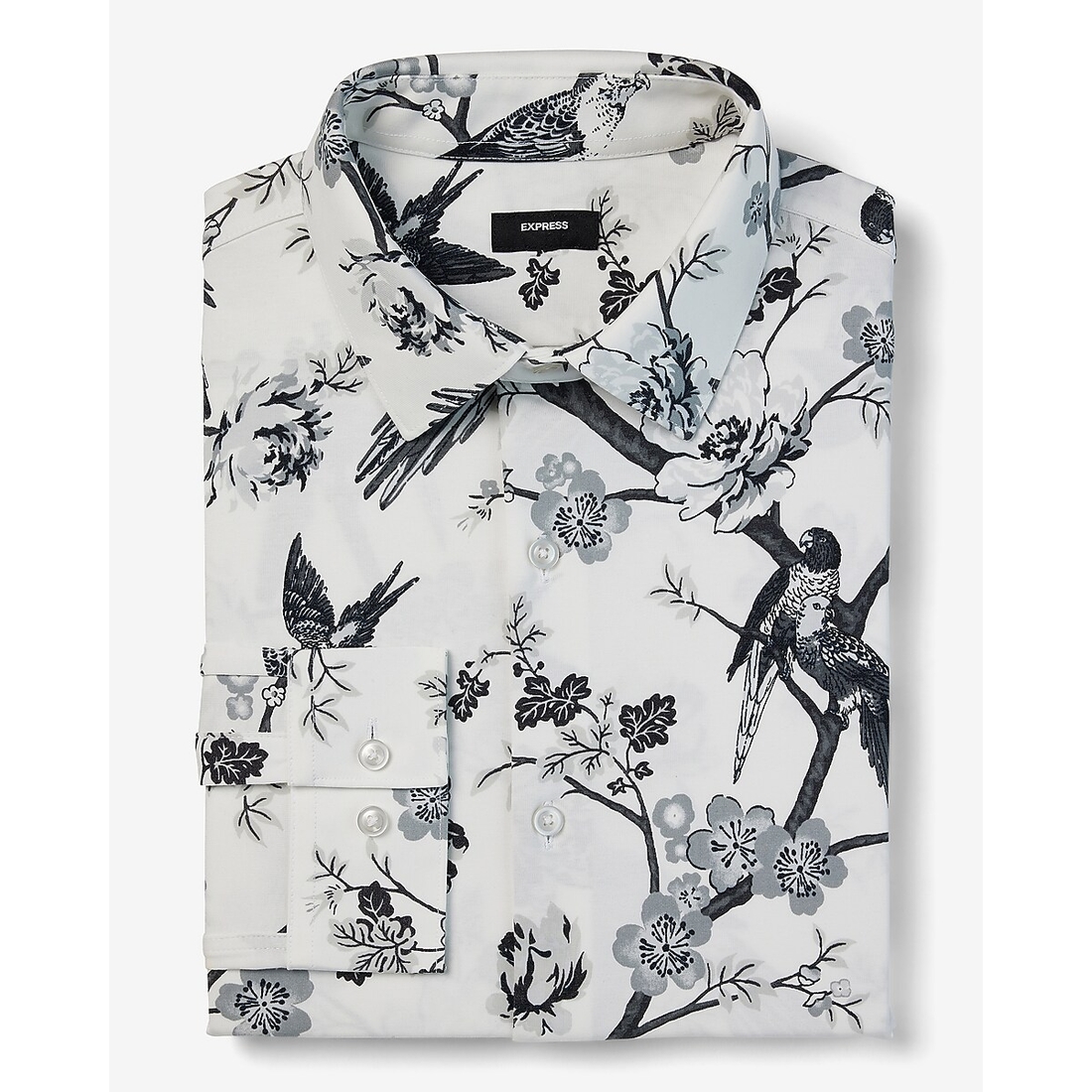 Express Slim Floral Bird Stretch Modern Tech 1MX Dress Shirt