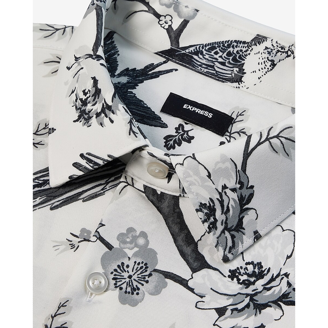 Express Slim Floral Bird Stretch Modern Tech 1MX Dress Shirt