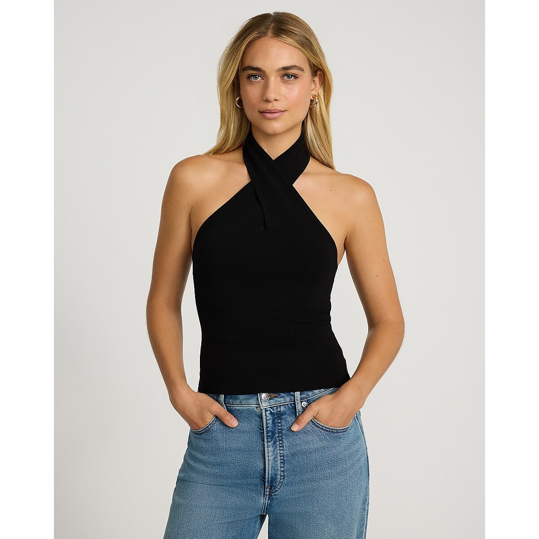 Express Silky Soft Fitted Cross Halter Neck Sweater Tank available