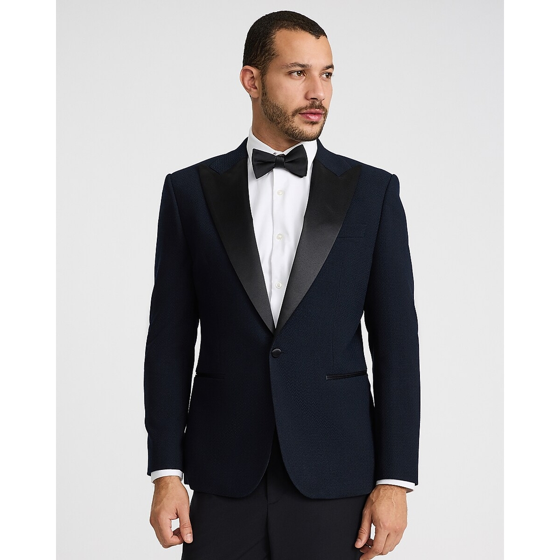 Express Slim Navy Herringbone Wool-Blend Tuxedo Jacket