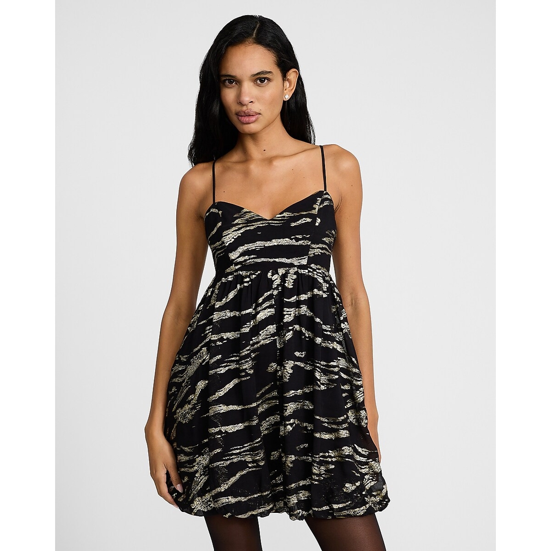 Express Metallic Printed Sweetheart Sleeveless Bubble Hem Mini Dress  available now at Dadeland Mall