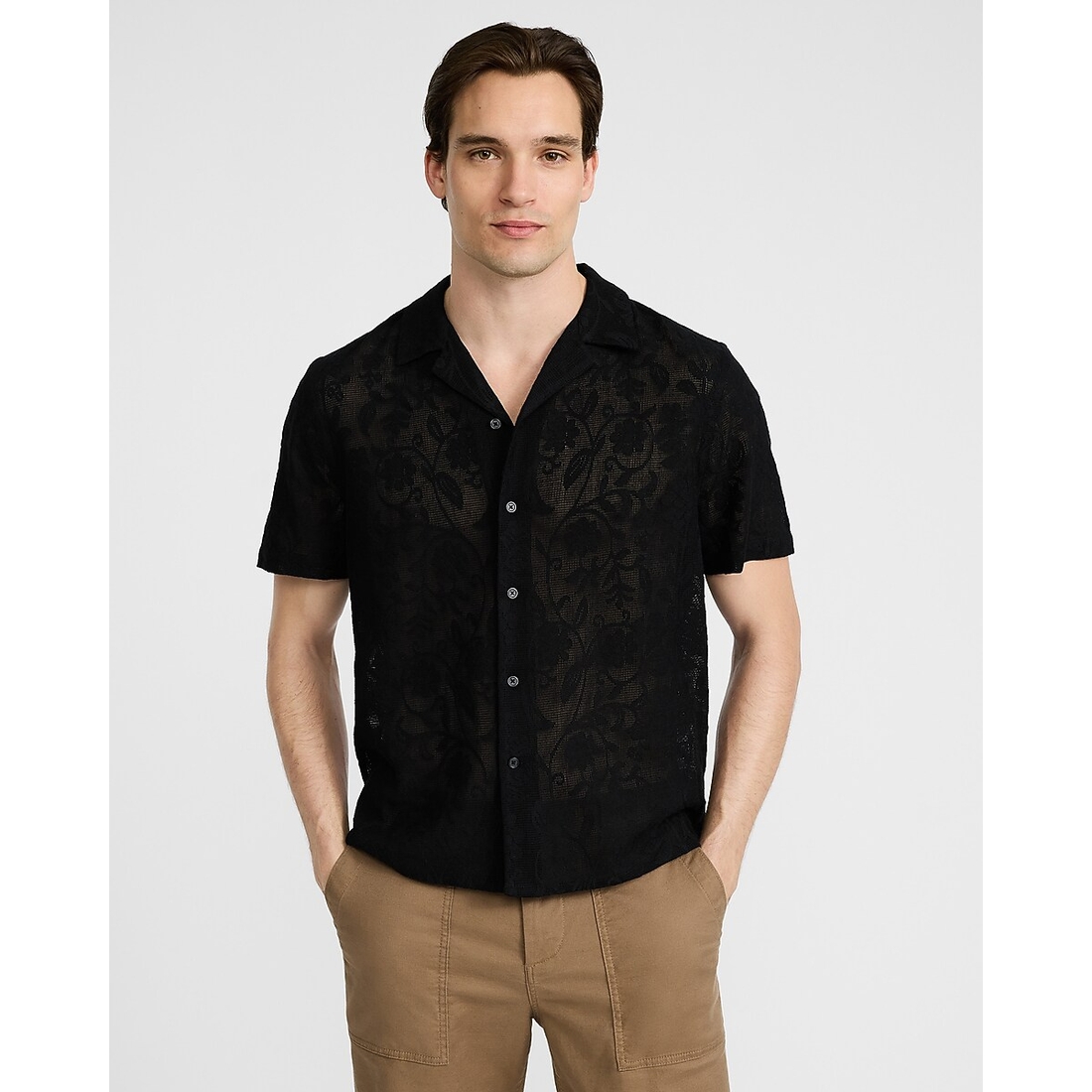 express short sleeve dress shirt Men's Short Sleeve Button Down Shirts Digital Print Express Textured Floral Eyelet Short