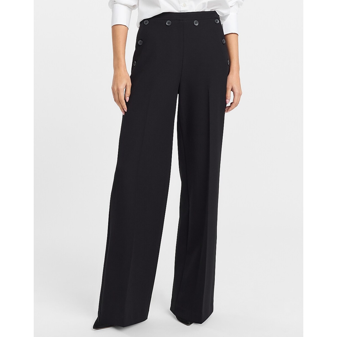 Express High Waisted Button Front Wide Leg Pant in Studio Stretch Twill
