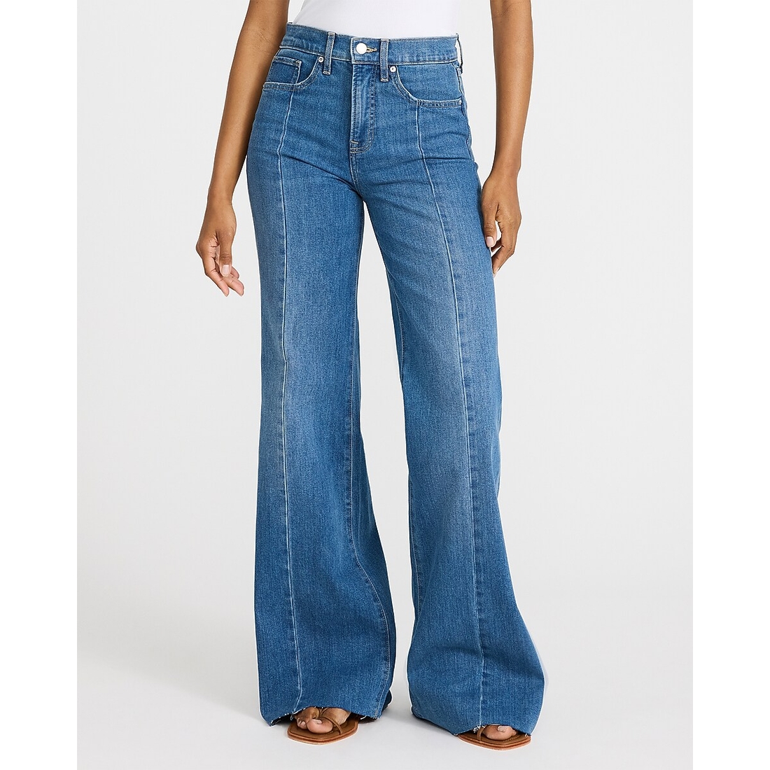 Express High Waisted Front Seam Raw Hem Relaxed Flare Medium Wash Jeans