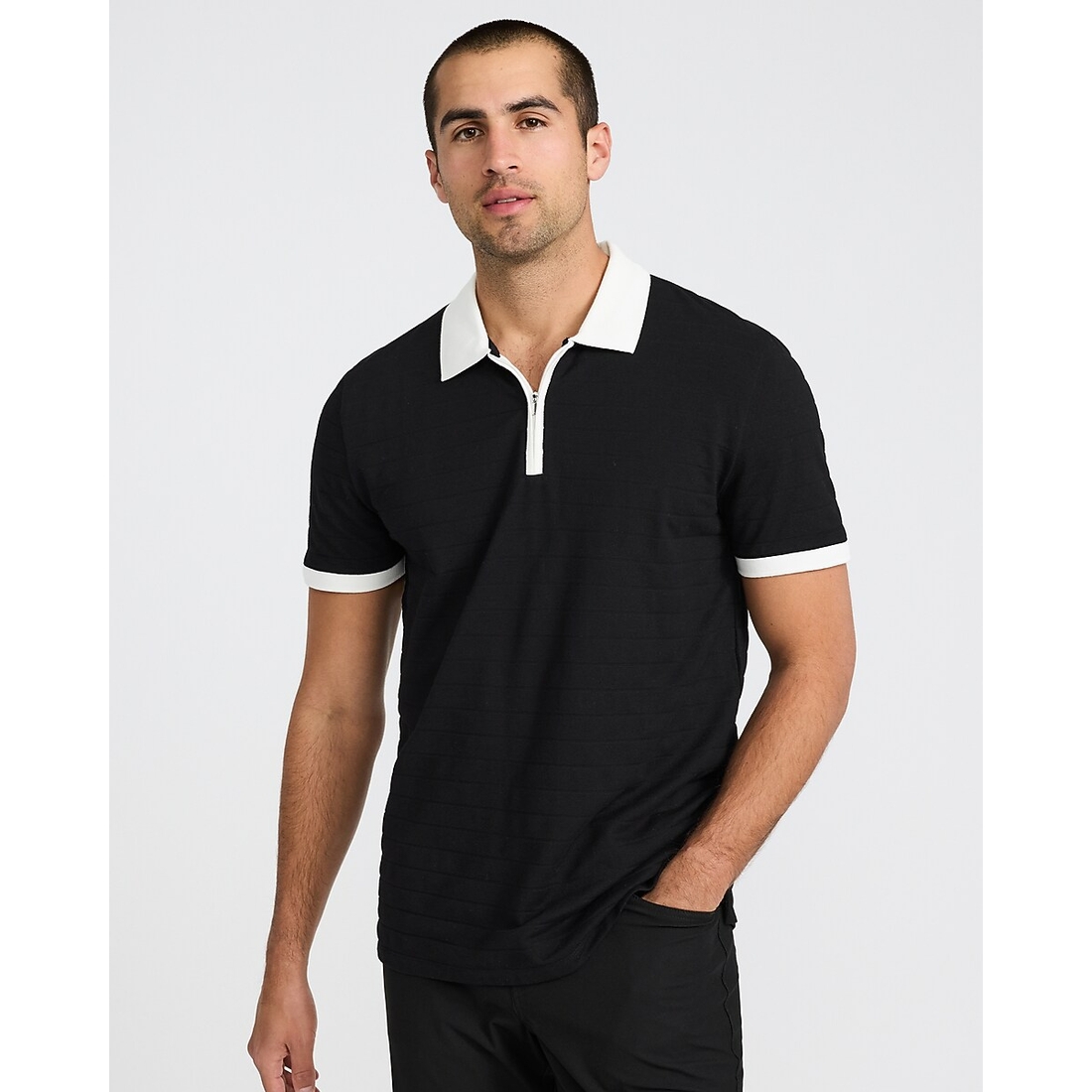 Express Contrast Tipped Luxe Pique Zip Polo available now at Brea