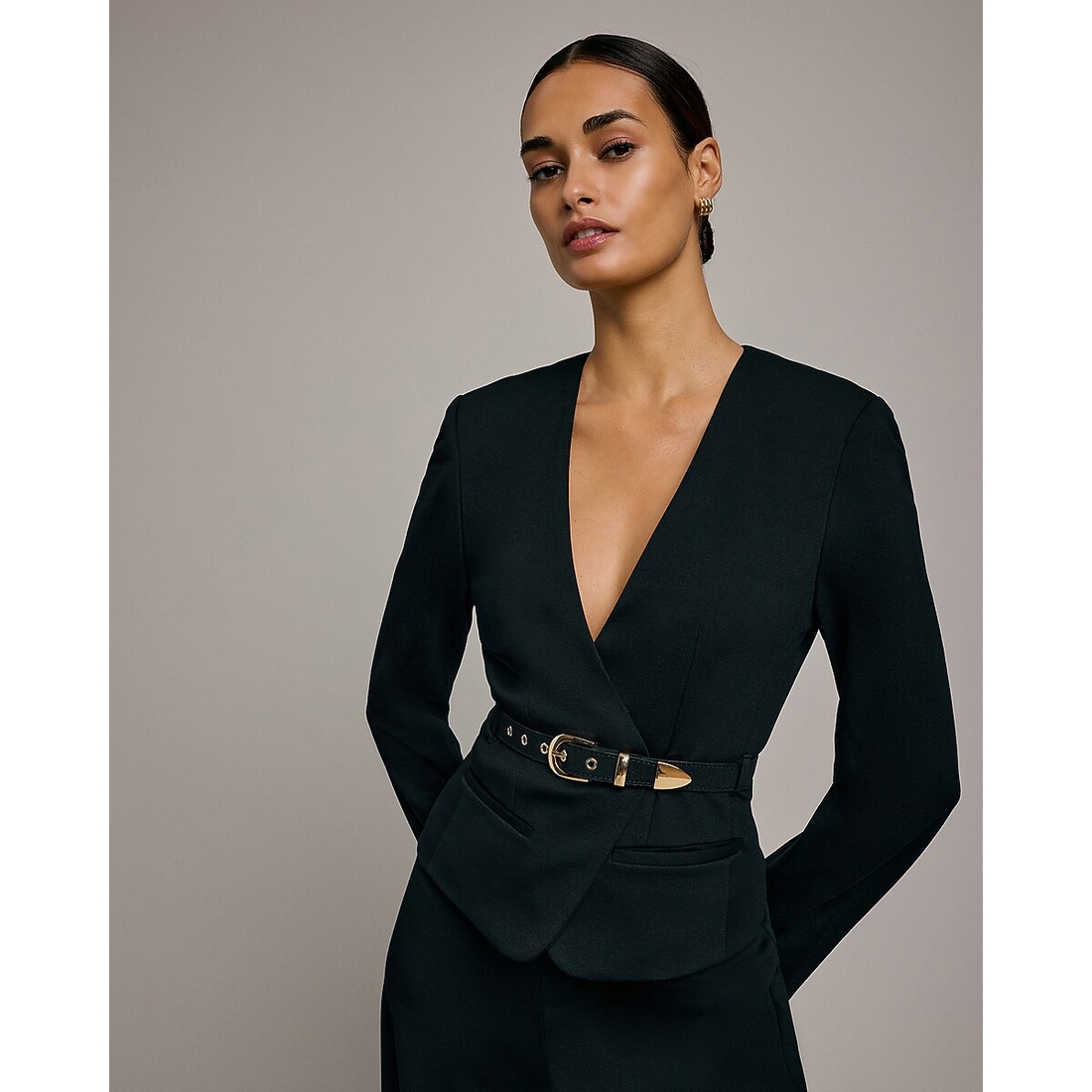 Express Collarless Belted Blazer in Signature Ponte