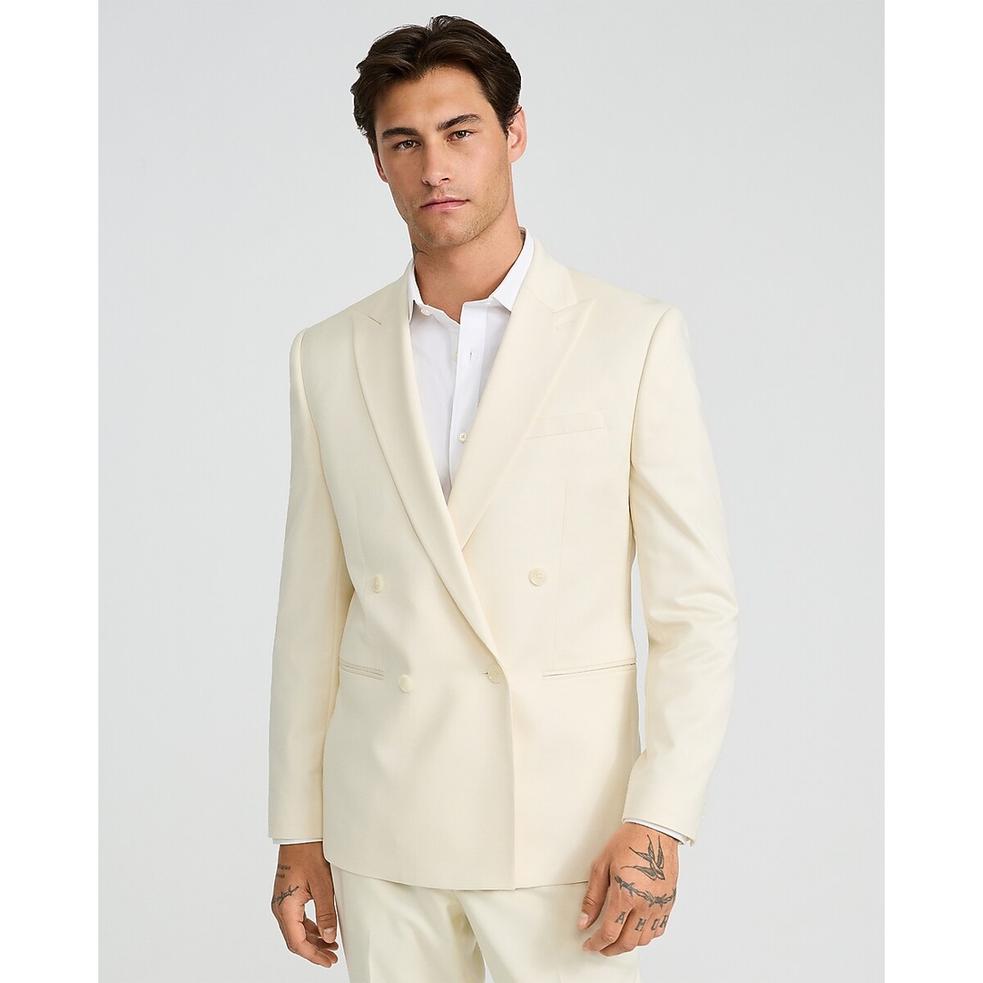Express Slim Ivory Wool-Blend Double Breasted Suit Jacket