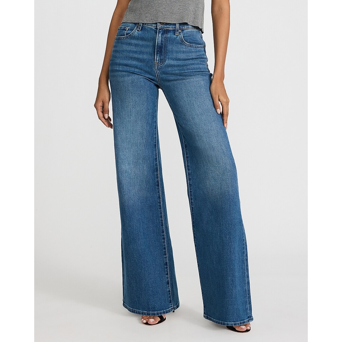 Express High Waisted Relaxed Flare Medium Wash Jeans