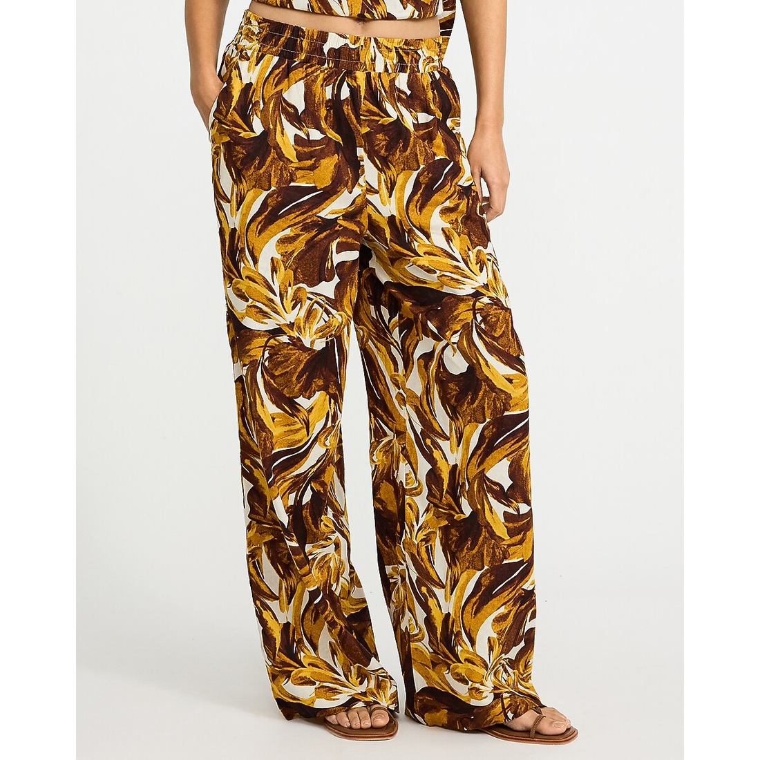 Express Summer-Blend Linen Printed High Waisted Pull On Wide Leg Pant