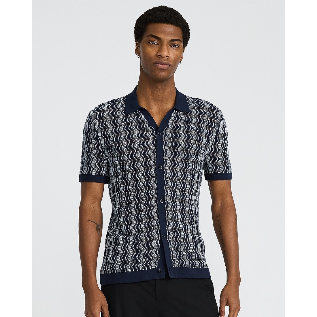 Express Textured Zig Zag Cotton Open Knit Sweater Polo