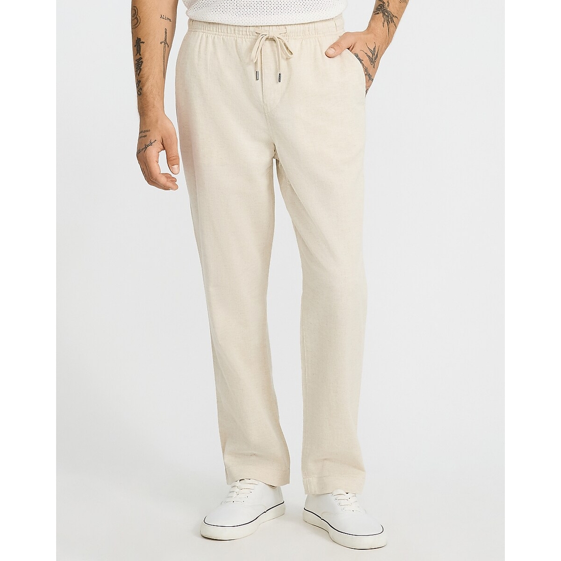Express Straight Linen-blend Drawstring Elastic Waist Pant