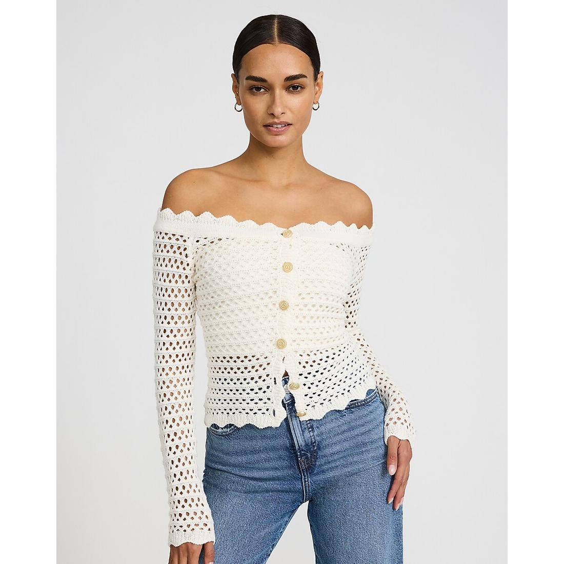 Express Sheer Crochet Off The Shoulder Fitted Novelty Button Sweater