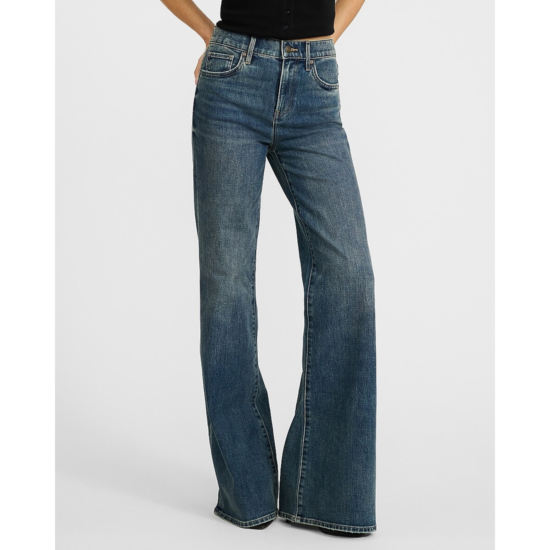 Express High Waisted Relaxed Flare Medium Wash Jeans