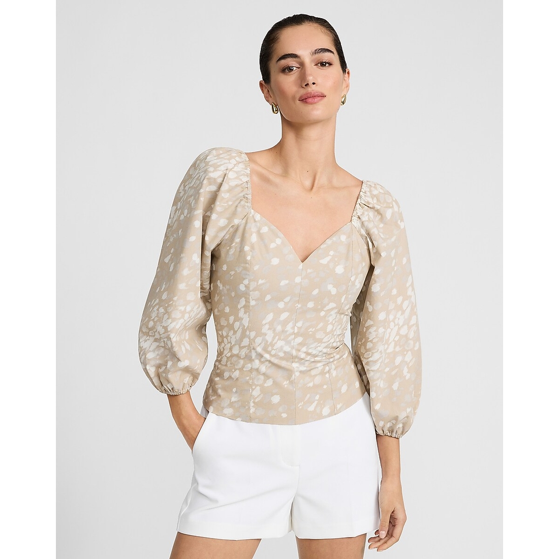 Express Printed V-Neck Long Puff Sleeve Top