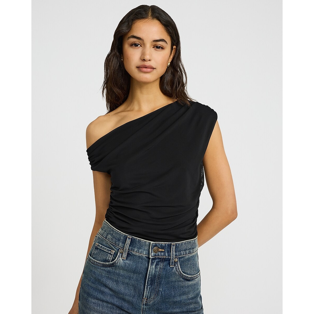 Express Mesh Asymmetrical One Shoulder Ruched Top
