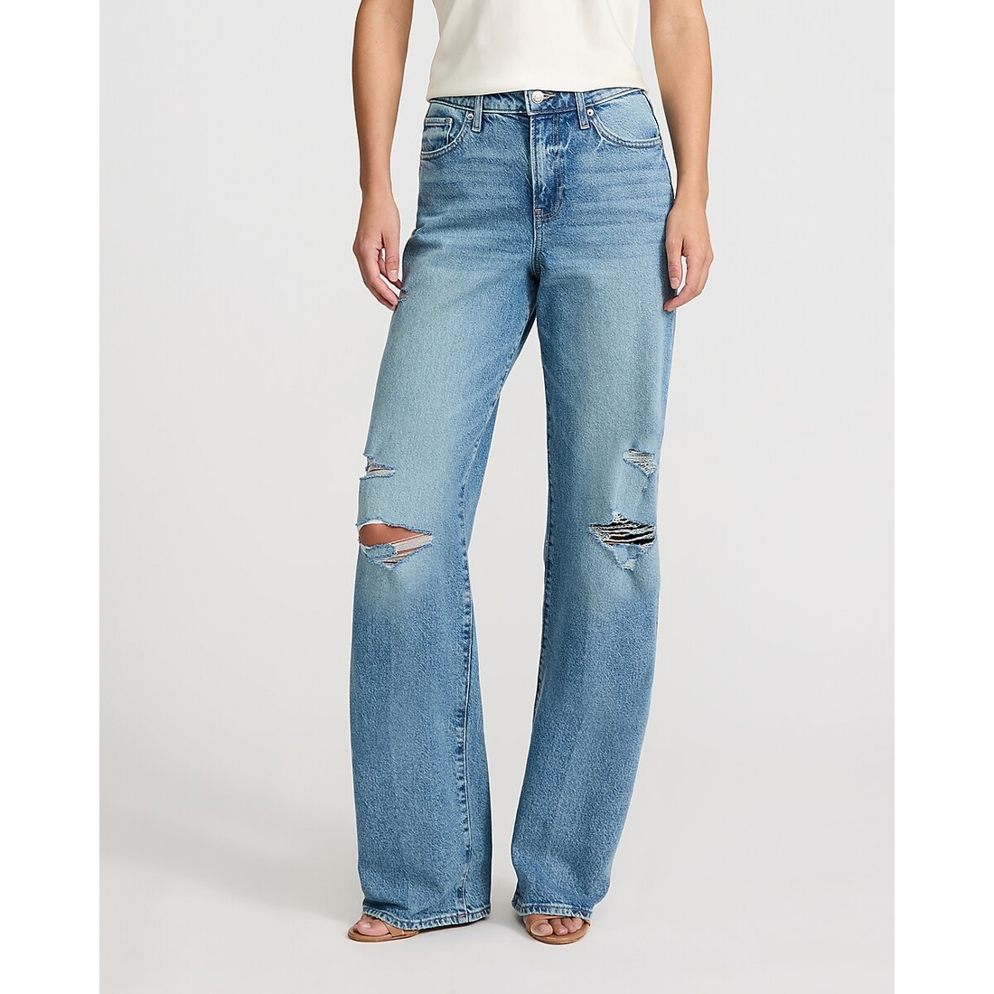 Express High Waisted Ripped Relaxed Straight Light Wash Jeans