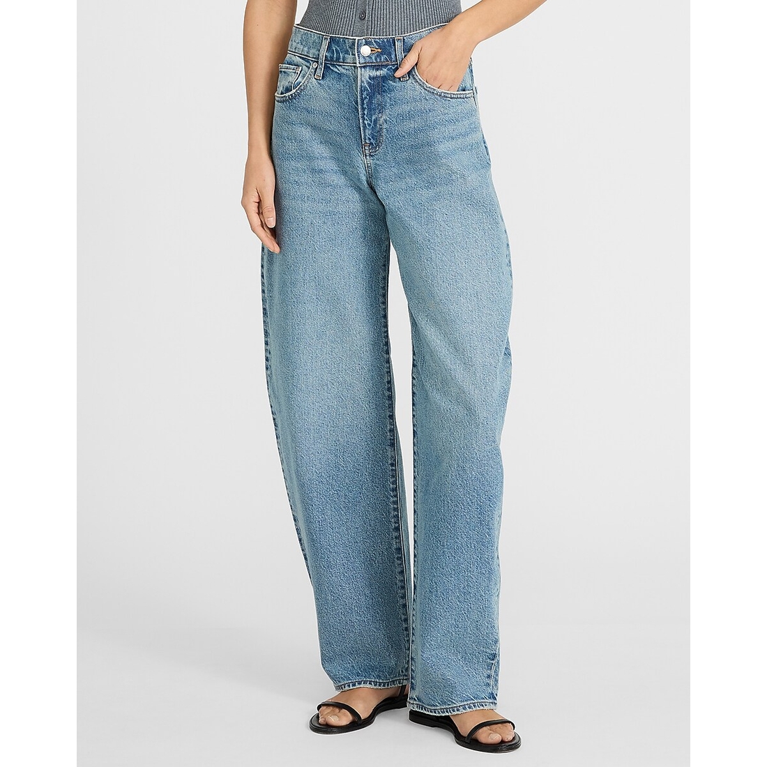 Express High Waisted Barrel Medium Wash Jeans