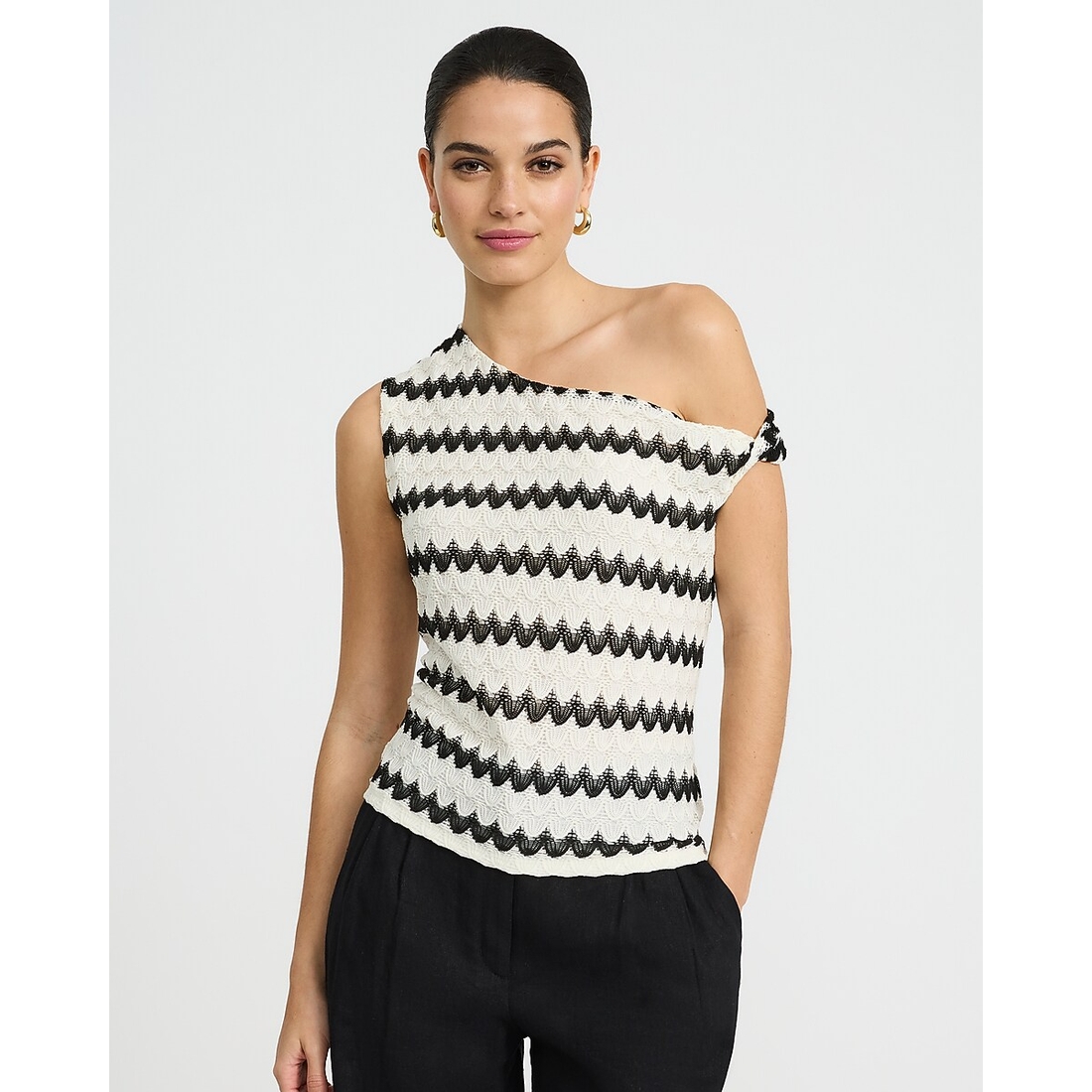 Express Crochet Striped Twist Strap One Shoulder Top