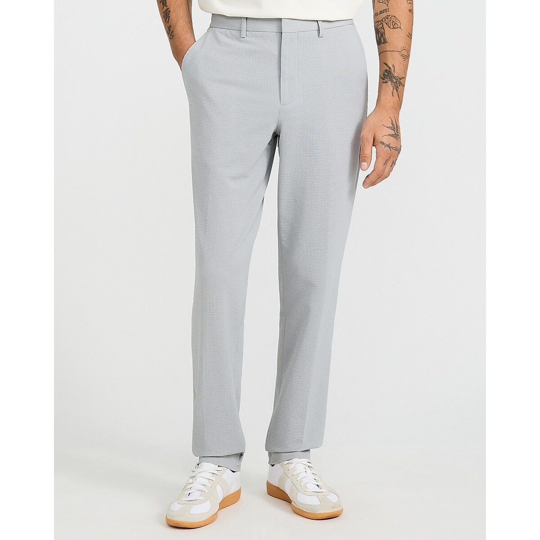 Express Slim Gray Seersucker Everyday Performance Hybrid Elastic Waist Suit Pant