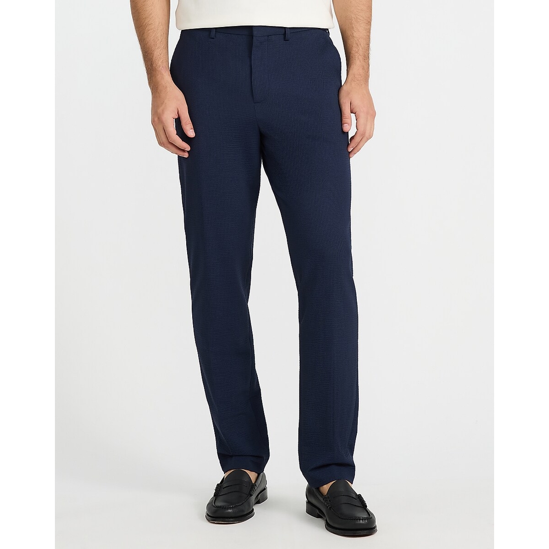 Express Slim Navy Seersucker Everyday Performance Hybrid Elastic Waist Suit Pant