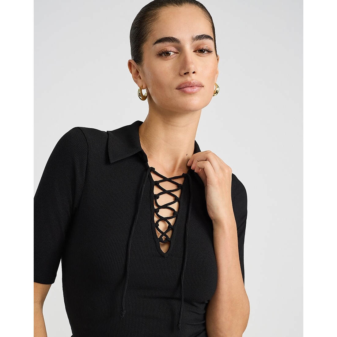 Express Fitted Ribbed Lace Up Elbow Sleeve Polo