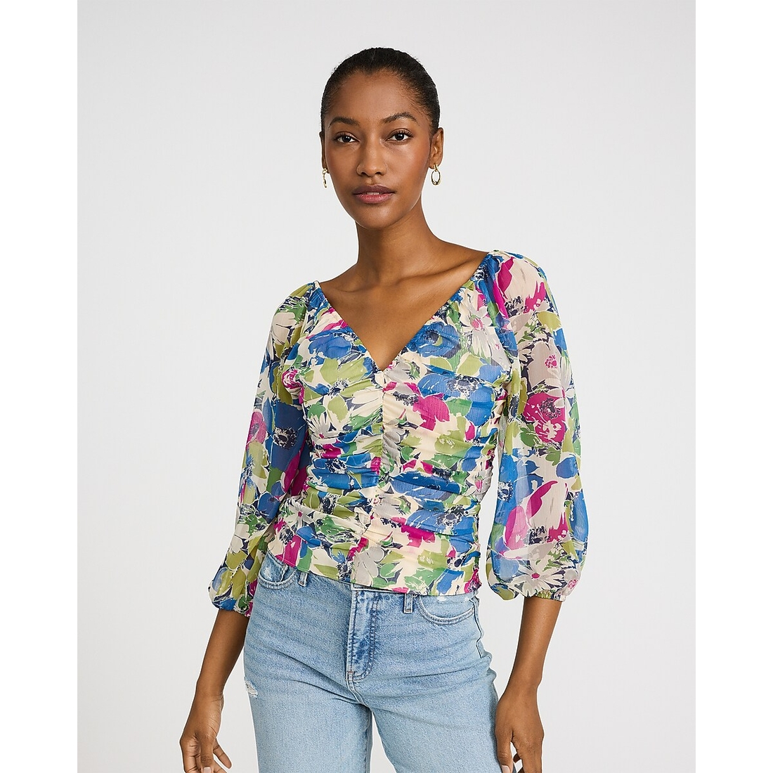 トップス Sakado Express Express Floral V-Neck Ruched Puff Sleeve Smocked Back Top