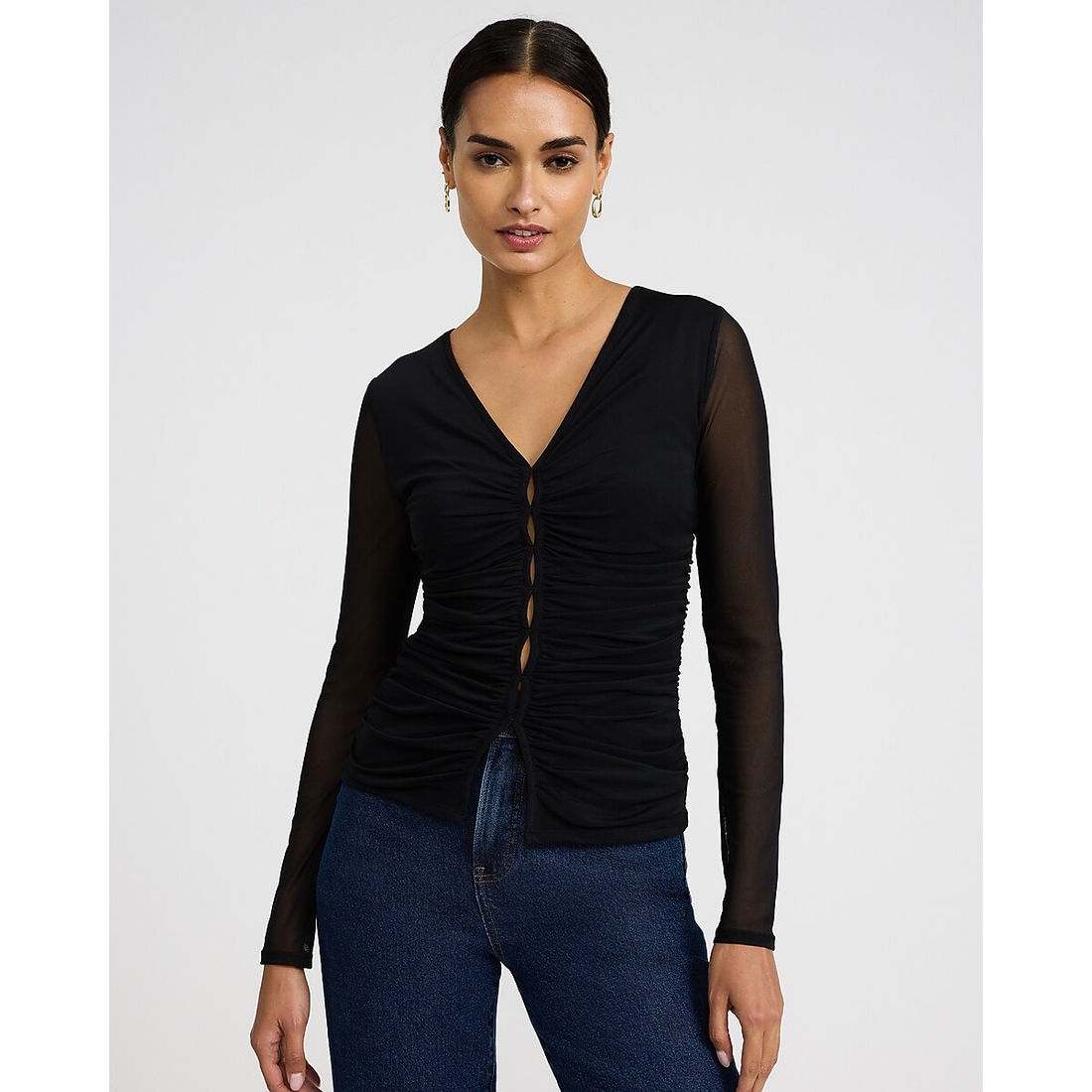 Express Mesh Ruched V-Neck Long Sleeve Top