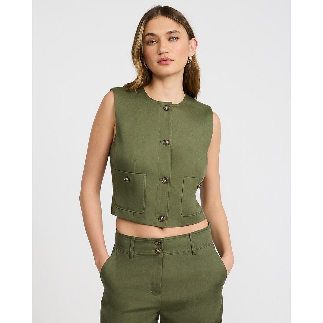 Express Linen-Blend Crew Neck Utility Blazer Vest