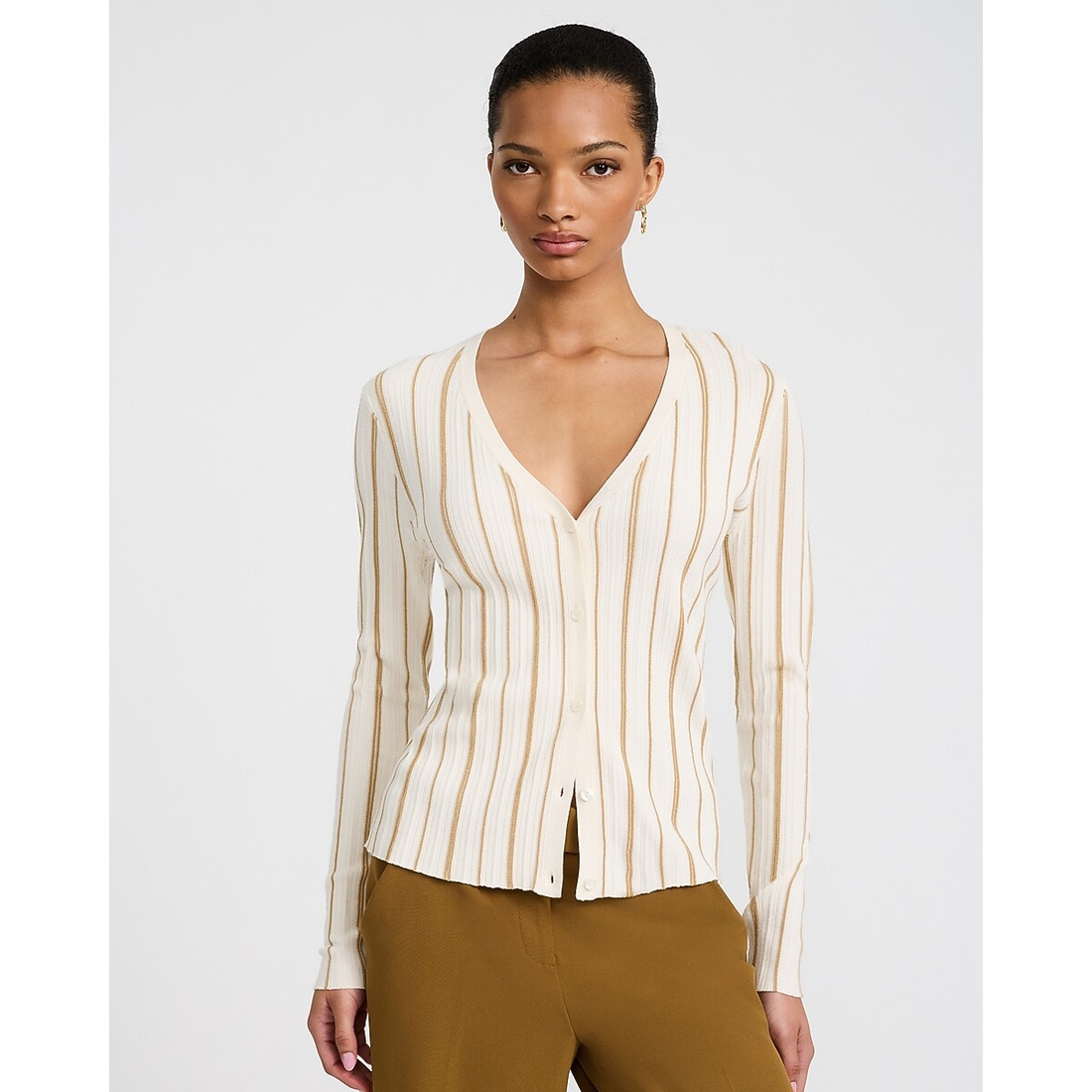 Express Striped Fitted Ribbed V-Neck Cardigan
