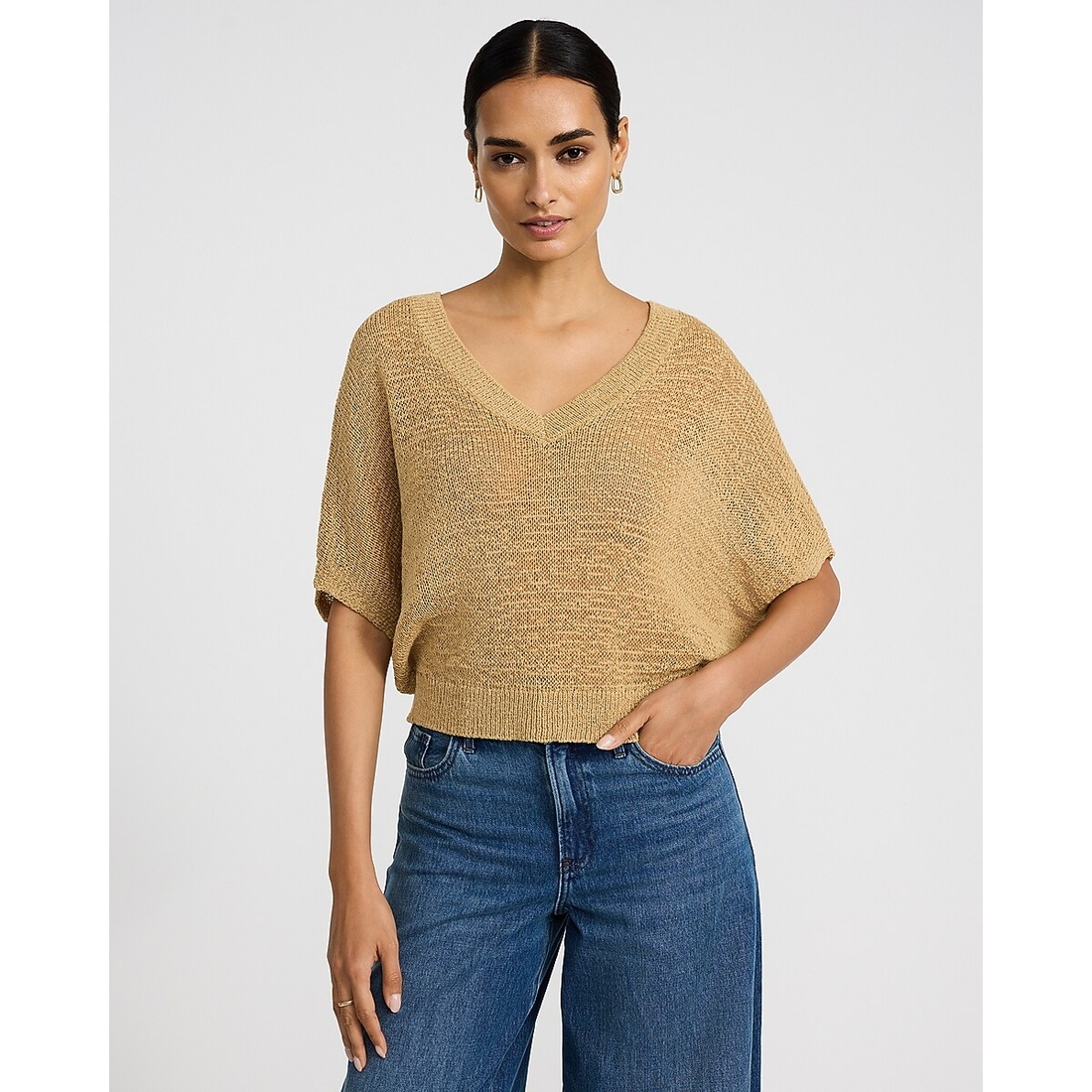 Express Sheer Textured Slub V-Neck Dolman Sleeve Sweater